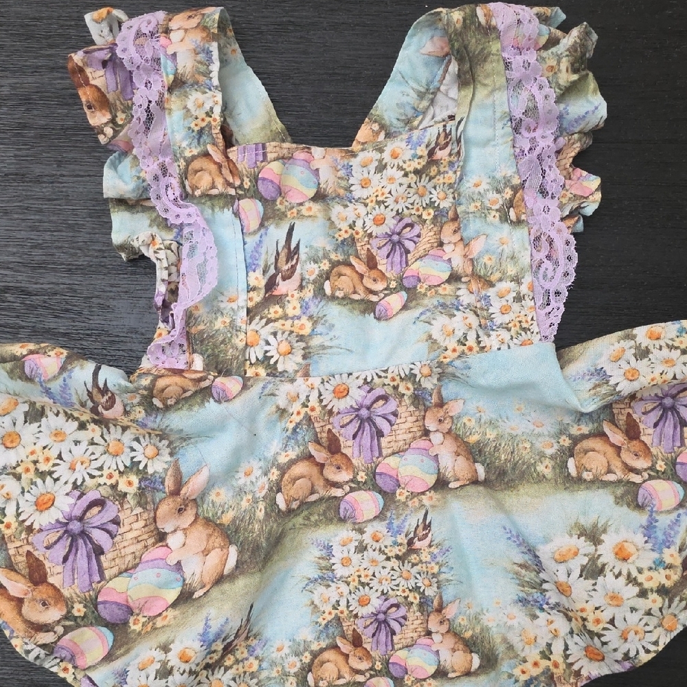 Adorable Bunny and Floral Kids Dress with Lace Trim